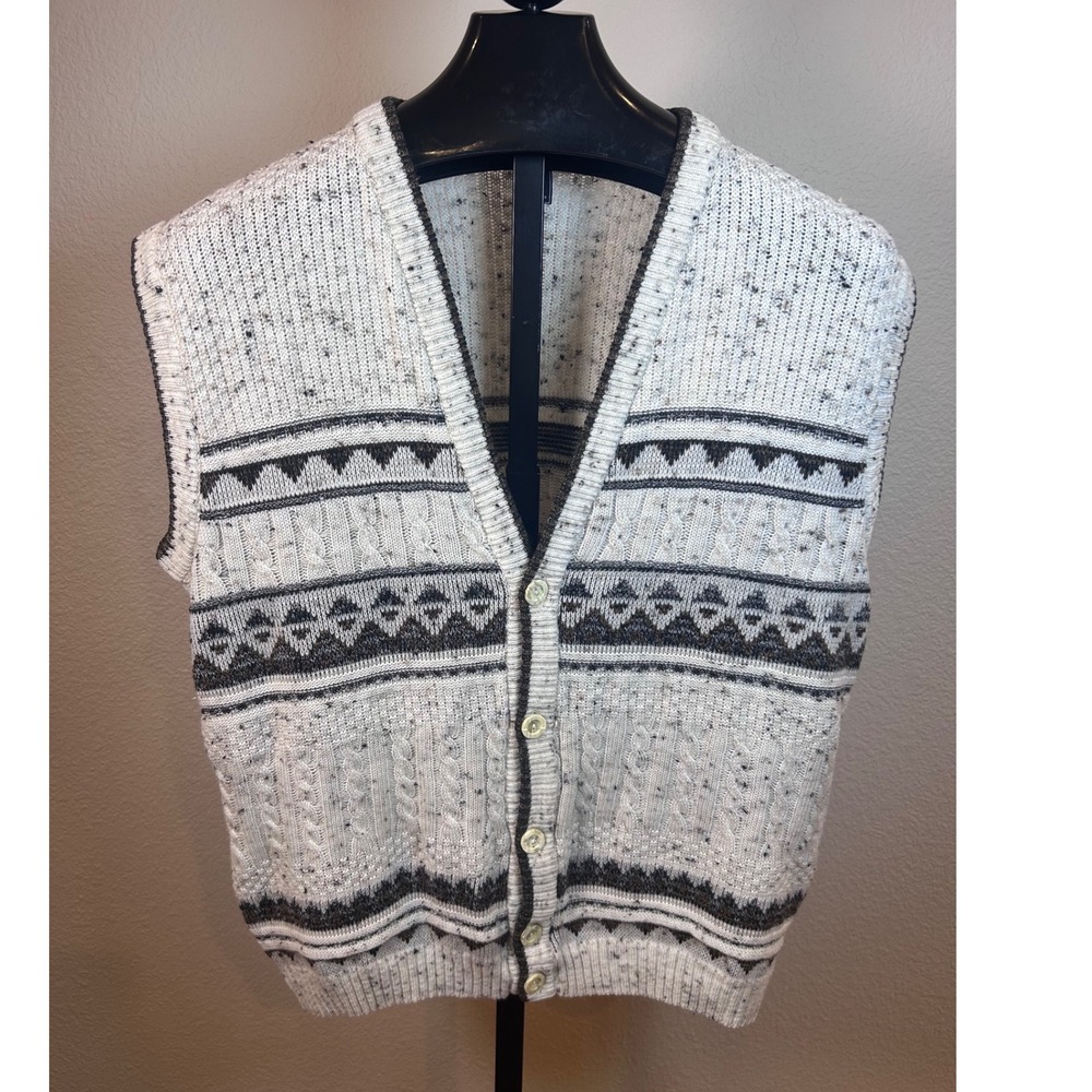Jet Mens Vintage Fair Isle Cable Knit Sweater Vest Oatmeal Brown Large